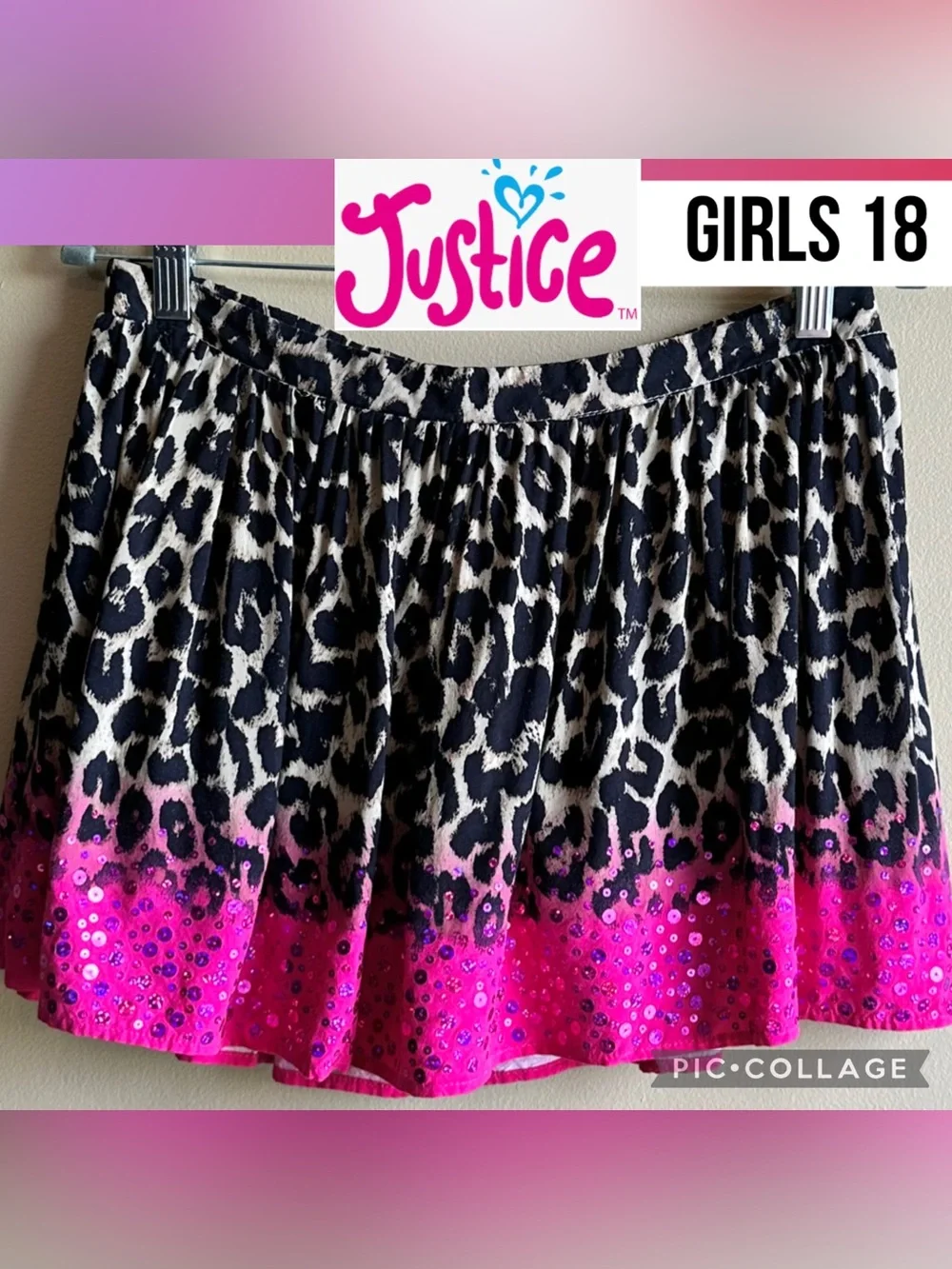 Justice Girls Skort Short Leopard Print Hot Pink Sparkly Ombre Skirt Size 18